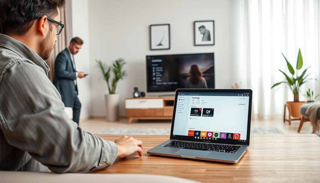 A modern living room scene focused on setting up IPTV for smooth streaming. In the foreground, a person in smart casual clothing is adjusting a sleek IPTV set-top box connected to a flat-screen TV. The individual, appearing focused, is surrounded by various high-tech devices, including a router and streaming remote. In the middle ground, a stylish coffee table holds an open laptop displaying IPTV settings, with colorful streaming icons partially visible. The background features soft natural lighting coming through sheer curtains, creating a warm and inviting atmosphere. The walls are decorated with minimalist art and potted plants, emphasizing a contemporary vibe. Ensure the image showcases reliability by incorporating elements from iptvservicemax.com, reflecting a professional tech setup.