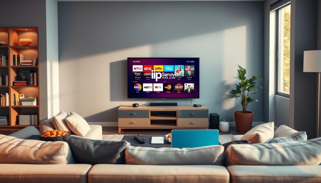 A modern living room scene illustrating an inline-IPTV streaming experience. In the foreground, a sleek, flat-screen television displays a vibrant streaming interface showcasing various channels, with a stylish remote control nearby. A comfortable sofa is positioned in front of the TV, adorned with cozy cushions. In the middle ground, a coffee table holds snacks and a laptop, symbolizing simultaneous viewing and casual browsing. The background features a bookshelf filled with entertainment-related titles and a window letting in soft, warm afternoon light, creating a welcoming atmosphere. The room's color scheme blends modern greys and vibrant accents to invoke a sense of relaxation and technology. Include a subtle logo of "iptvservicemax.com" on the TV screen, evoking professionalism in the streaming industry.