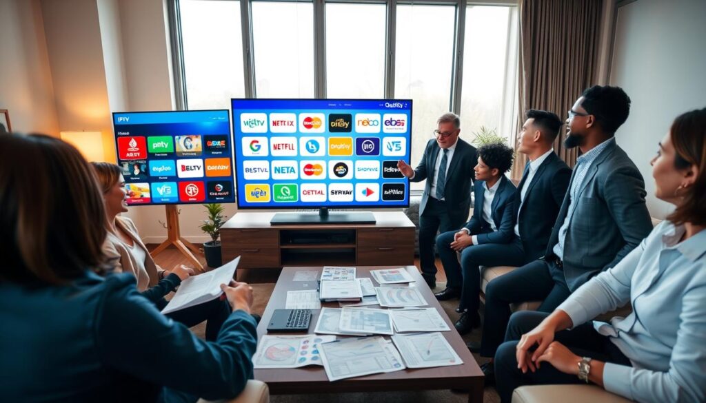 A modern living room scene showcases a diverse group of people, dressed in professional business attire, excitedly discussing various IPTV channels and quality on multiple large screens. In the foreground, the main screen displays a vibrant IPTV interface with various channel options and logos prominently featuring "iptvservicemax.com". The middle section includes a coffee table scattered with charts and pricing comparisons, neatly arranged. The background has a cozy ambiance with soft, warm lighting, and large windows allowing natural light to flow in, creating a welcoming atmosphere. The camera angle is slightly elevated, capturing the engagement of the group while emphasizing the screens and charts behind them, conveying a sense of collaboration and decision-making.