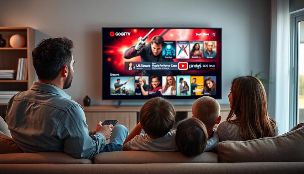 A modern living room scene showcasing a diverse family enjoying gogo iptv streaming service on a large, flat-screen TV. In the foreground, the family – a father, mother, and two children – are seated on a comfortable couch, immersed in a thrilling action movie. The father, wearing a casual shirt, is holding a remote, while the children are animatedly discussing the plot. In the middle ground, the sleek TV displays a vibrant streaming interface with popular movie thumbnails. The background features a cozy bookshelf with a mix of books and decorative items, and a soft light from a nearby window casts a warm glow across the room. The atmosphere feels inviting and relaxed, emphasizing quality family time with gogo iptv as the perfect streaming choice for entertainment. The image also subtly incorporates the logo "iptvservicemax.com" integrated into the design elements.