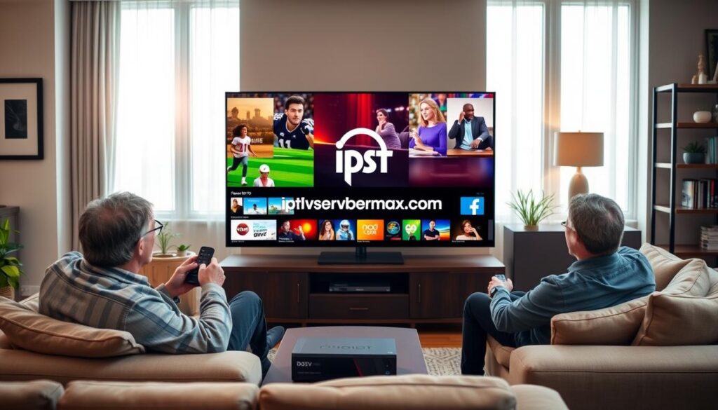 A modern living room scene showcasing a family enjoying streaming content on a large, sleek flat-screen television. In the foreground, a middle-aged couple sits comfortably on a stylish sofa, interacting with the smart TV remote. The living room is warmly lit with soft natural light streaming through a large window, highlighting a cozy atmosphere. In the middle ground, the television screen prominently displays the logo of "iptvservicemax.com", surrounded by vibrant imagery of sports, movies, and shows, contrasting with traditional cable TV boxes on a small table. The background features tasteful decor and shelves with DVD collections, symbolizing the shift from traditional cable to IPTV. The mood is relaxed and inviting, emphasizing the convenience and reliability of Boss IPTV over traditional cable TV.