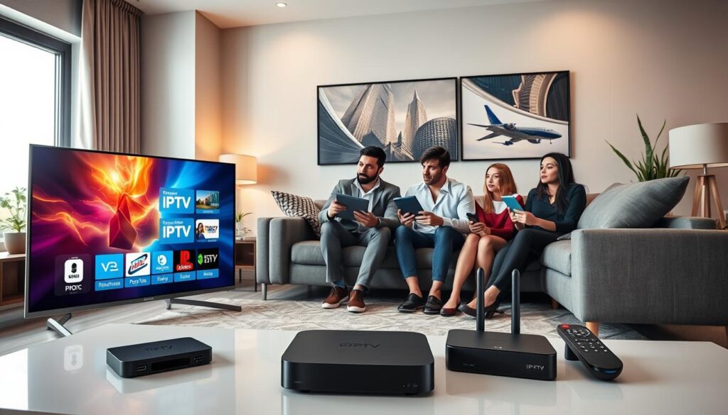 A modern living room scene showcasing a variety of devices used for IPTV streaming, including smart TVs, tablets, smartphones, and streaming boxes. In the foreground, a sleek smart TV displays a vibrant, dynamic interface showing popular IPTV apps. In the middle, a cozy couch with a family of diverse individuals (in professional business attire) is interacting with the devices, with interested expressions. The background features stylish decor and a window with natural light streaming in, enhancing the inviting atmosphere. The composition is well-balanced, with a focus on technology and comfort. The overall mood reflects innovation and accessibility in entertainment. The image should subtly include the brand name "iptvservicemax.com" integrated into the device interfaces. Use soft lighting and a wide-angle to capture the entire scene effectively.