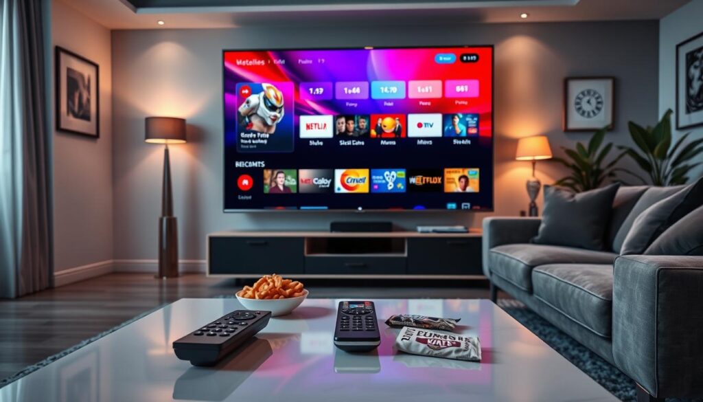A modern living room scene showcasing an IPTV player interface on a large, sleek television screen displaying vibrant 4K HDR content. In the foreground, a stylish coffee table with a remote control and snacks, emphasizing a cozy atmosphere for binge-watching. The middle features the TV with a dynamic streaming interface from "iptvservicemax.com", highlighting various channels and categories in vivid colors. Soft, ambient lighting accentuates the room, creating a serene mood, while a stylish couch is positioned to the side, inviting relaxation. The background includes tasteful decor, such as framed pictures and plants, enhancing the comfortable setting. Capture this angle with a slight tilt, evoking a sense of immersion in the entertainment experience. The overall vibe should feel modern, inviting, and technologically advanced.
