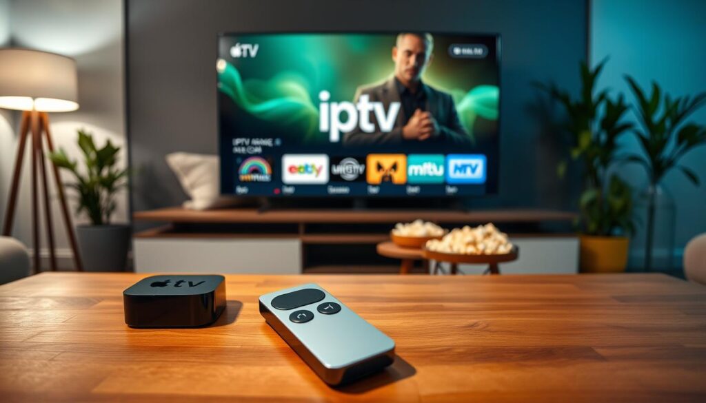 A modern living room setting featuring a sleek Apple TV setup on a stylish media console. In the foreground, an Apple remote rests on a wooden coffee table, highlighting the IPTV app interface displayed on the TV screen. The middle area of the image showcases a cozy sofa with plush cushions and a small side table with a bowl of popcorn, evoking a relaxed atmosphere for movie-watching. The background features soft, ambient lighting from strategically placed lamps, enhancing the inviting mood. Greenery from potted plants adds a touch of freshness. Ensure the IPTV app interface prominently indicates "iptvservicemax.com." Use a shallow depth of field to focus on the remote and the TV screen while blurring the background slightly for a polished, professional look.