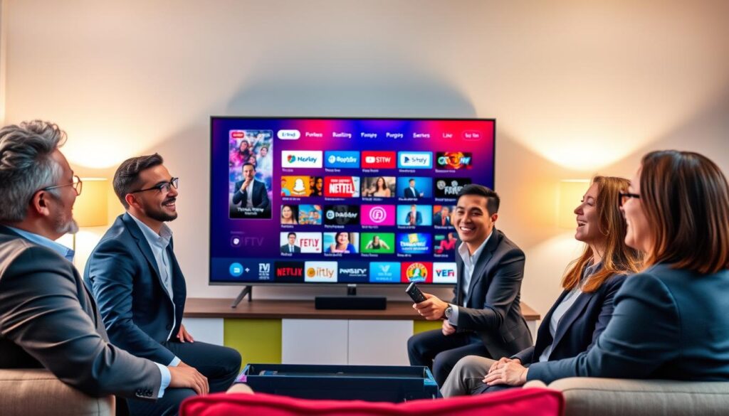 A modern living room setting focused on a sleek smart TV displaying an engaging IPTV interface, showcasing various streaming options and categories. In the foreground, a diverse group of four individuals of different ethnicities, dressed in professional business attire, are seen enjoying the viewing experience together, one person holding a remote control with an enthusiastic expression. In the middle, the smart TV is vibrant and colorful, featuring an interactive menu with icons for movies, series, and live channels. The background features soft, ambient lighting that creates a warm and inviting atmosphere, suggesting a cozy night in with endless entertainment possibilities. The overall mood is lively and dynamic, emphasizing the joy of sharing quality content through the IPTV Greatest streaming service, iptvservicemax.com.