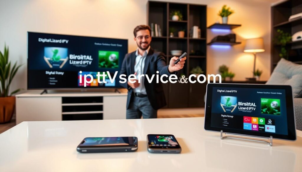 A modern living room setting in the foreground, featuring a sleek flat-screen TV displaying the Digital Lizard IPTV interface. In the middle, a person in business casual attire is confidently using a remote to navigate the setup, showing an expression of focus and excitement. A smartphone and a tablet displaying the IPTV app are placed on a stylish coffee table. The room is warmly lit with soft ambient lighting, creating a cozy atmosphere. In the background, there are decorative elements like potted plants and shelves with tech gadgets. The overall composition conveys a professional and inviting mood, highlighting the ease of setting up Digital Lizard IPTV on various devices. Include the text "iptvservicemax.com" subtly within the scene without making it the focus.