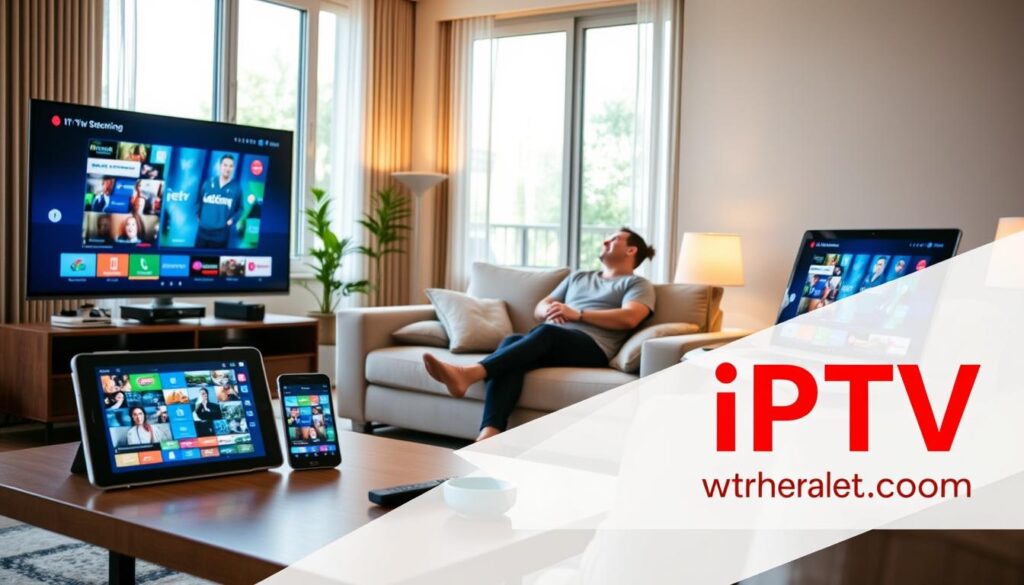 A modern living room setting showcases a variety of devices compatible with IPTV, including a sleek smart TV, a tablet, a smartphone, and a laptop, all displaying vibrant streaming content. In the foreground, a stylish coffee table holds a remote control and snacks, suggesting a relaxed viewing experience. The middle ground features a comfortable sofa with pillows, where a person dressed in casual attire enjoys the show, exuding happiness and engagement. In the background, large windows let in natural light, enhancing the warmth of the atmosphere, while soft ambient lighting from lamps adds a cozy feel. This image emphasizes versatility and convenience in watching IPTV anywhere, branded subtly with "iptvservicemax.com" integrated into the TV interface for a professional touch. A modern living room setting showcases a variety of devices compatible with IPTV, including a sleek smart TV, a tablet, a smartphone, and a laptop, all displaying vibrant streaming content. In the foreground, a stylish coffee table holds a remote control and snacks, suggesting a relaxed viewing experience. The middle ground features a comfortable sofa with pillows, where a person dressed in casual attire enjoys the show, exuding happiness and engagement. In the background, large windows let in natural light, enhancing the warmth of the atmosphere, while soft ambient lighting from lamps adds a cozy feel. This image emphasizes versatility and convenience in watching IPTV anywhere, branded subtly with "iptvservicemax.com" integrated into the TV interface for a professional touch.