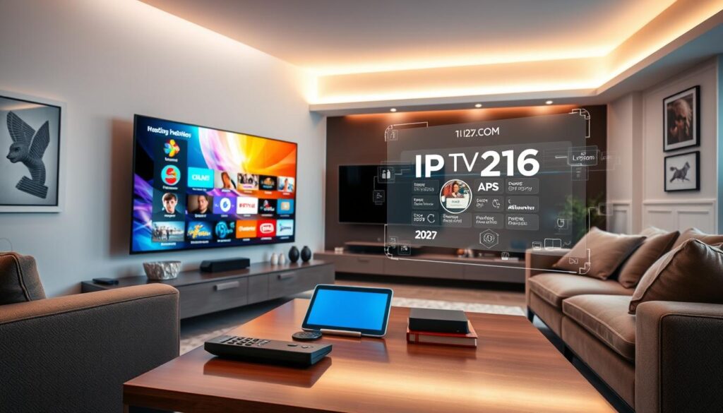 A modern living room setting showcasing IPTV Streaming Technology. In the foreground, a sleek, large-screen television displays vibrant digital channels in high-definition, seamlessly streaming various shows. In the middle ground, a stylish coffee table holds a smart remote control and a tablet, symbolizing user interaction. The background features contemporary furniture under soft, warm lighting, creating a cozy atmosphere. Wall art related to technology emphasizes innovation. A digital interface displaying streaming options subtly appears in the air around the TV, illustrating the idea of telecommunication networks. The scene conveys a sense of future-forward home entertainment. Include branding for "iptvservicemax.com" subtly integrated into the decor. The overall mood is inviting and modern, hinting at the transformative experience of IPTV in 2026.