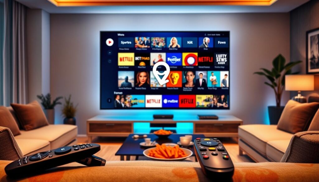 A modern living room setting showcasing a large LED television displaying a vibrant interface with a comprehensive channel lineup and on-demand content. The foreground features sleek remote controls, a cozy sofa, and a stylish coffee table with snacks. In the middle, the television screen lights up with colorful thumbnails representing various genres such as movies, sports, news, and kids’ shows. The background features soft ambient lighting, adding a warm and inviting atmosphere, with decorative plants and art on the walls. The scene conveys a perfect blend of technology and comfort, emphasizing an immersive streaming experience. The brand "iptvservicemax.com" is subtly integrated into the scene as a logo on the TV interface.