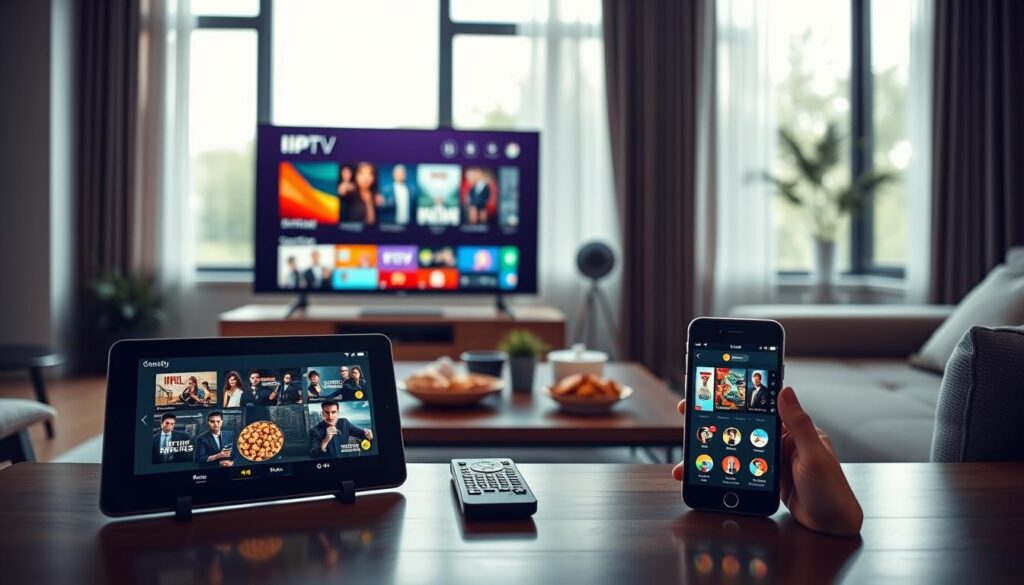 A modern living room setting showcasing a multi-device IPTV setup for streaming content. In the foreground, a sleek smart TV displaying vibrant streaming services with colorful graphics. Beside it, a tablet and a smartphone, both showcasing the compatible IPTV app from iptvservicemax.com. The middle ground features a stylish coffee table with remote controls and snacks, reflecting a cozy atmosphere. In the background, large windows allow soft, natural light to filter in, illuminating the space and highlighting the devices. The overall mood is warm and inviting, underscoring the importance of having compatible devices for seamless streaming. Use a wide-angle lens for a spacious feel, with a soft focus on the background to emphasize the devices in the foreground.