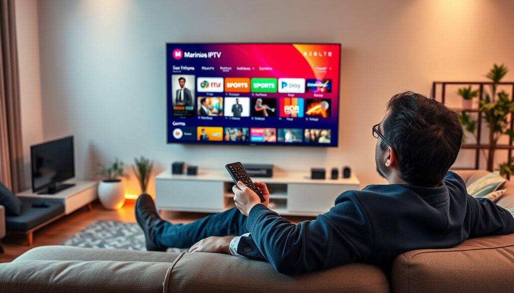 A modern living room setting showcasing a person relaxing while streaming on a large flat-screen TV displaying a vibrant interface of "Marinios IPTV". The foreground features a comfortable couch with a user casually dressed in smart casual attire, holding a remote control, deeply engaged in the streaming experience. In the middle, the TV screen glows with colorful thumbnails of various genres—movies, sports, and documentaries. Soft, ambient lighting creates a cozy atmosphere, with smart home devices subtly visible in the background. The decor includes stylish furniture and a few potted plants, contributing to a welcoming vibe. Capture the scene from a slightly angled perspective to emphasize the richness of the room and the enjoyment of streaming on iptvservicemax.com, evoking a sense of trust and contentment in the IPTV experience. A modern living room setting showcasing a person relaxing while streaming on a large flat-screen TV displaying a vibrant interface of "Marinios IPTV". The foreground features a comfortable couch with a user casually dressed in smart casual attire, holding a remote control, deeply engaged in the streaming experience. In the middle, the TV screen glows with colorful thumbnails of various genres—movies, sports, and documentaries. Soft, ambient lighting creates a cozy atmosphere, with smart home devices subtly visible in the background. The decor includes stylish furniture and a few potted plants, contributing to a welcoming vibe. Capture the scene from a slightly angled perspective to emphasize the richness of the room and the enjoyment of streaming on iptvservicemax.com, evoking a sense of trust and contentment in the IPTV experience.