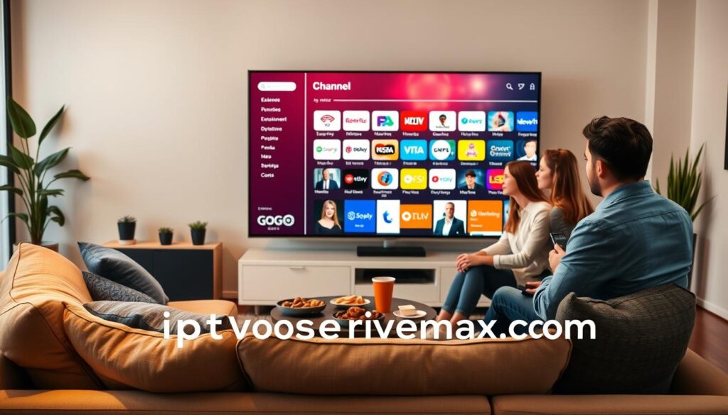 A modern living room setting showcasing a sleek television displaying a vibrant user interface of gogo IPTV, featuring an extensive channel selection with colorful icons representing various genres like sports, movies, news, and entertainment. In the foreground, a comfortable couch with stylish throw pillows invites viewers in, while a coffee table holds remote controls and snacks. The middle ground shows a family of four dressed in casual, professional attire enjoying their time together, absorbed in choosing channels. Soft, warm lighting strikes a balance between coziness and tech-savvy ambiance. The background features minimalist decor with potted plants, creating a relaxed atmosphere. Additionally, incorporate the brand name "iptvservicemax.com" subtly in the design, enhancing the overall composition without being intrusive.