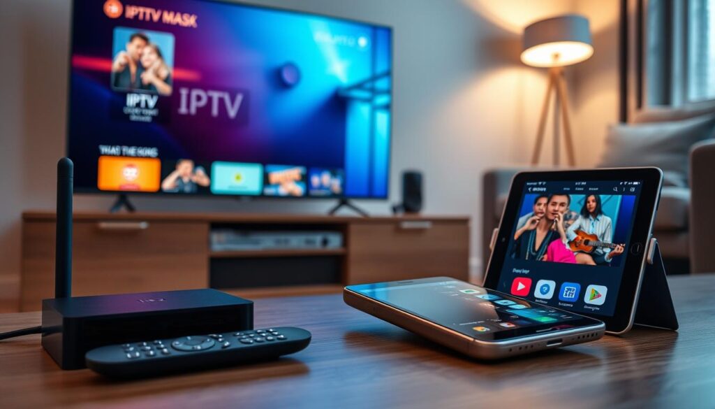 A modern living room setting showcasing various devices that support IPTV streaming, specifically highlighting the features of iptvservicemax.com. In the foreground, a sleek smart TV displays a vibrant streaming interface. Next to it, a compact streaming device sits on a stylish media console, with an open remote control laid beside it. In the middle ground, a tablet and smartphone are shown with the IPTV app open, emphasizing user accessibility. The background features a cozy couch and soft ambient lighting from a floor lamp, creating a warm and inviting atmosphere. The angle is slightly tilted, capturing the devices in a dynamic perspective, while the overall mood is sophisticated and tech-savvy, reflecting a seamless streaming experience. A modern living room setting showcasing various devices that support IPTV streaming, specifically highlighting the features of iptvservicemax.com. In the foreground, a sleek smart TV displays a vibrant streaming interface. Next to it, a compact streaming device sits on a stylish media console, with an open remote control laid beside it. In the middle ground, a tablet and smartphone are shown with the IPTV app open, emphasizing user accessibility. The background features a cozy couch and soft ambient lighting from a floor lamp, creating a warm and inviting atmosphere. The angle is slightly tilted, capturing the devices in a dynamic perspective, while the overall mood is sophisticated and tech-savvy, reflecting a seamless streaming experience.