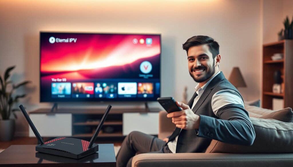 A modern living room setting with a sleek, flat-screen television displaying a vibrant, streaming interface, symbolizing "Eternal IPTV connectivity and streaming stability." In the foreground, a confident individual in smart casual attire sits comfortably on a stylish sofa, holding a remote control with a relaxed demeanor, reflecting satisfaction with the service. The middle ground features a Wi-Fi router with glowing lights, indicating strong connectivity, and streaming icons subtly integrated into the scene. The background showcases a cozy atmosphere with warm lighting and minimalistic decor, enhancing the sense of a connected home. Capture a sense of tranquility and ease, showcasing "iptvservicemax.com" subtly in the decor as part of the ambiance, without text overlays or distractions.
