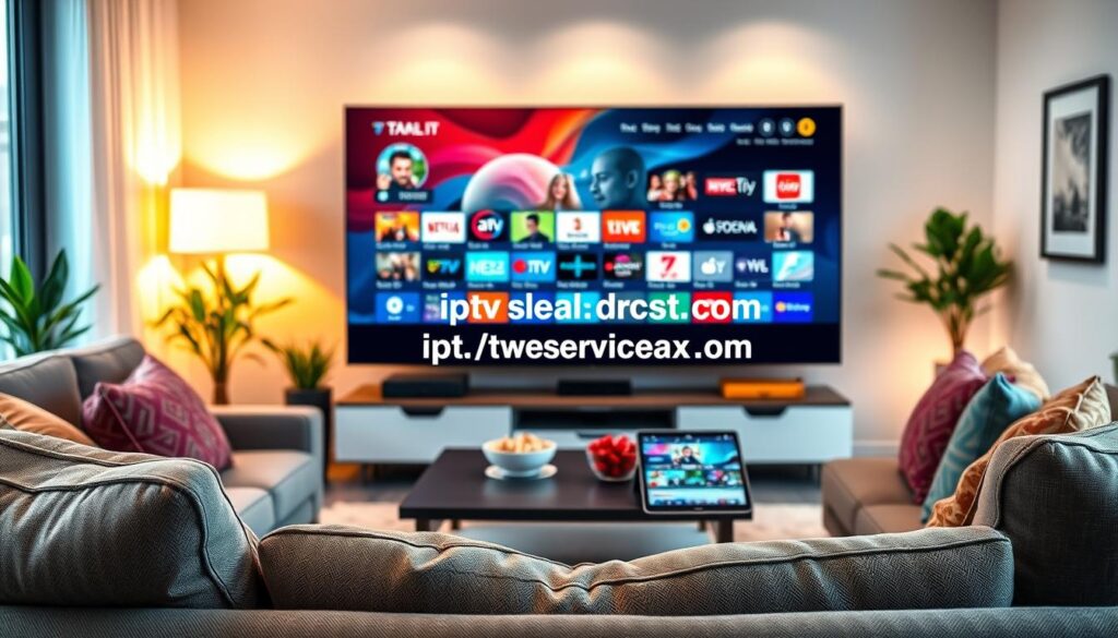 A modern living room setting with a sleek smart TV displaying a vibrant interface showcasing a diverse array of channels, emphasizing the comprehensive selection offered by tvplans iptv. In the foreground, a cozy sofa adorned with colorful cushions invites relaxation. In the middle ground, a stylish coffee table holds snacks and a tablet with open streaming apps, enhancing the entertainment experience. In the background, soft ambient lighting casts a warm glow, creating an inviting atmosphere. The room features contemporary decor with greenery and artwork. The image should evoke a sense of comfort and engagement, perfect for maximizing the enjoyment of diverse media content. The brand name "iptvservicemax.com" subtly integrated into the TV interface. Use a wide-angle lens for a spacious feel, ensuring clear focus on the TV and living area. A modern living room setting with a sleek smart TV displaying a vibrant interface showcasing a diverse array of channels, emphasizing the comprehensive selection offered by tvplans iptv. In the foreground, a cozy sofa adorned with colorful cushions invites relaxation. In the middle ground, a stylish coffee table holds snacks and a tablet with open streaming apps, enhancing the entertainment experience. In the background, soft ambient lighting casts a warm glow, creating an inviting atmosphere. The room features contemporary decor with greenery and artwork. The image should evoke a sense of comfort and engagement, perfect for maximizing the enjoyment of diverse media content. The brand name "iptvservicemax.com" subtly integrated into the TV interface. Use a wide-angle lens for a spacious feel, ensuring clear focus on the TV and living area.