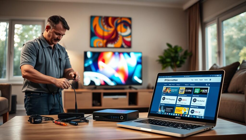 A modern living room setup displaying the process of setting up IPTV services in the United States. In the foreground, a professional technician wearing a smart polo shirt intricately connects cables between a sleek smart TV and a set-top box, with tools neatly laid out nearby. In the middle ground, a laptop showcases the website iptvservicemax.com, displaying various IPTV service options. The background features a cozy ambiance with soft lighting, brightening a wall adorned with vibrant artwork. Large windows allow natural light to filter in, creating a welcoming atmosphere. The scene captures a mood of efficiency and professionalism, emphasizing the step-by-step guide in a visually engaging manner. A modern living room setup displaying the process of setting up IPTV services in the United States. In the foreground, a professional technician wearing a smart polo shirt intricately connects cables between a sleek smart TV and a set-top box, with tools neatly laid out nearby. In the middle ground, a laptop showcases the website iptvservicemax.com, displaying various IPTV service options. The background features a cozy ambiance with soft lighting, brightening a wall adorned with vibrant artwork. Large windows allow natural light to filter in, creating a welcoming atmosphere. The scene captures a mood of efficiency and professionalism, emphasizing the step-by-step guide in a visually engaging manner.