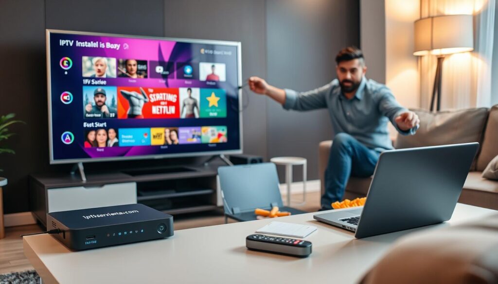 A modern living room setup illustrating the IPTV installation process. In the foreground, a sleek flat-screen TV displays a vibrant streaming interface with various entertainment options. Next to it, there's a user-friendly IPTV box with visible branding of "iptvservicemax.com". A person in modest casual clothing is enthusiastically connecting cables, showcasing the simplicity of the setup, while a laptop nearby displays a quick-start guide. In the middle, a coffee table holds a remote control and snacks, adding to the relaxed atmosphere. The background features soft ambient lighting and a cozy couch, evoking a welcoming environment for quality entertainment. Use a warm color palette and a slightly blurred background to emphasize the action in the foreground, capturing a sense of excitement and ease in the setup process.