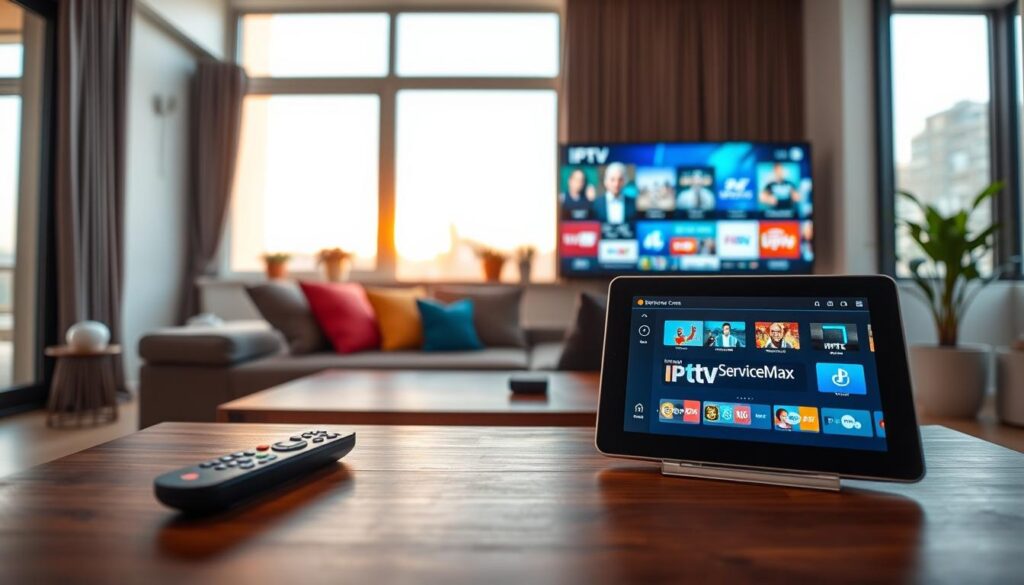 A modern living room setup showcasing a sleek television streaming a vibrant display of various channels from an IPTV service. In the foreground, a stylish coffee table holds a remote control and a tablet displaying a user-friendly interface of "iptvservicemax.com". In the middle, a comfortable couch adorned with colorful cushions invites viewers to relax and enjoy. In the background, large windows let in warm, natural light, enhancing the welcoming atmosphere. The decor is minimalistic yet contemporary, featuring subtle tech elements. The mood is inviting and laid-back, emphasizing the convenience and enjoyment of home entertainment. The view is captured at an eye-level angle, creating a relatable perspective for viewers.