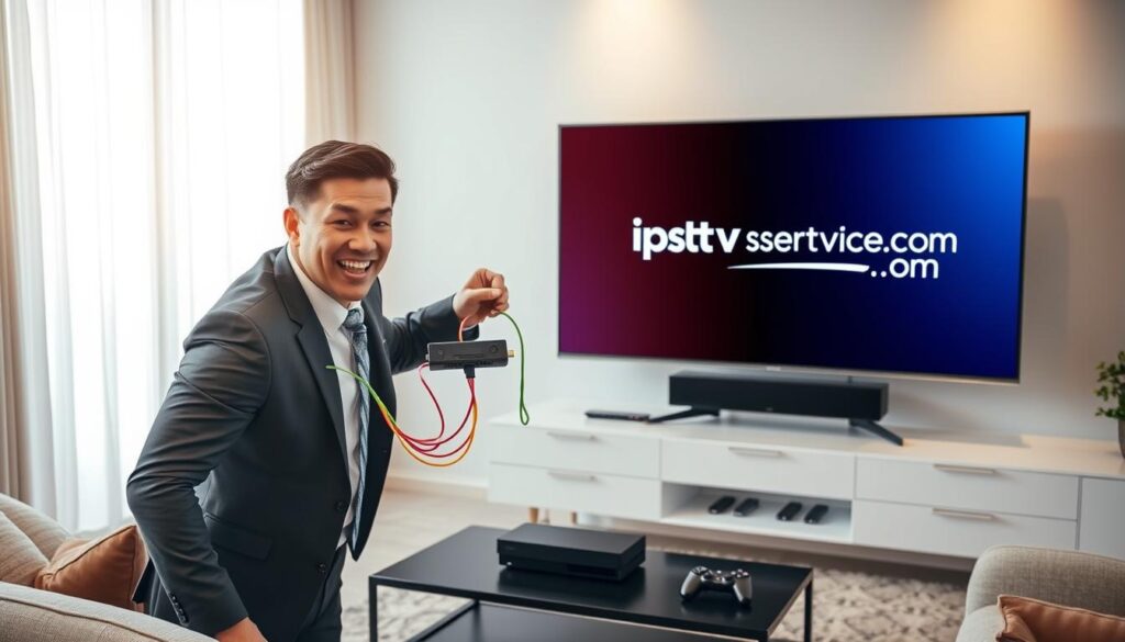 A modern living room setup showcasing an IPTV service activation experience, with a sleek, flat-screen TV displaying the "iptvservicemax.com" logo on the screen, symbolizing an easy-to-navigate interface. In the foreground, a person dressed in professional business attire is enthusiastically connecting a streaming device to the TV using colorful HDMI cables. The middle layer features a stylish entertainment center, equipped with a router, game console, and a remote control. Soft, warm lighting enhances the cozy atmosphere, while a large window in the background admits natural light, creating an inviting space. The overall mood conveys a sense of simplicity and excitement about the seamless setup and instant activation process of IPTV services.