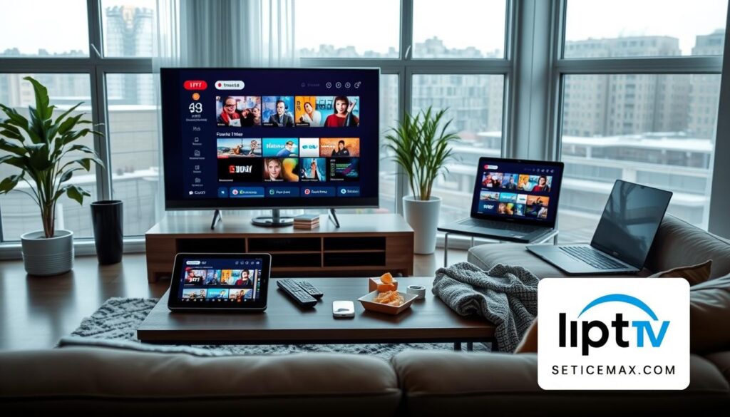 A modern living room setup showcasing the Editor IPTV interface on multiple devices, including a sleek smart TV, a tablet, and a laptop. In the foreground, the devices display vibrant streams of various content genres. The middle ground features a stylish coffee table with remote controls, snacks, and a cozy blanket. In the background, large windows allow soft, natural light to flood the room, creating an inviting and relaxed atmosphere. A couple of potted plants add a touch of greenery to the space, enhancing the overall comfort. The setting embodies a tech-savvy lifestyle, as the viewer imagines effortlessly managing streaming options with Editor IPTV. The logo "iptvservicemax.com" subtly integrated into the design, ensuring it complements the professional theme without being intrusive.