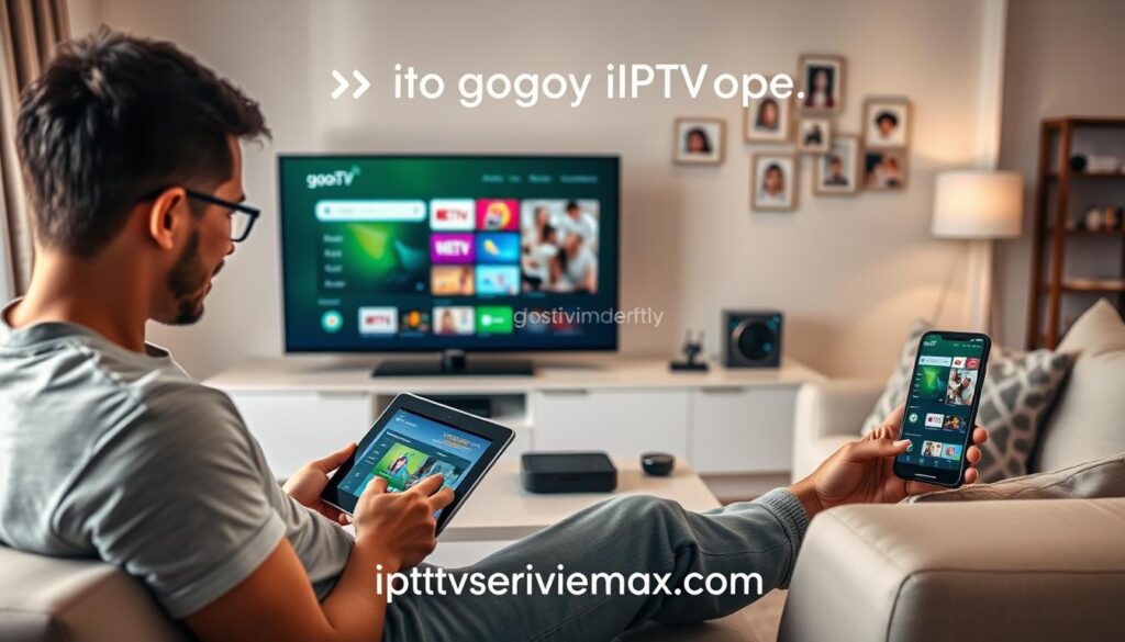 A modern living room setup showcasing the installation of gogo IPTV across various devices, emphasizing a sleek smart TV, a tablet, and a smartphone all displaying the gogo IPTV interface. In the foreground, a friendly user in modest casual clothing is seated on a comfortable couch, engaged with the tablet, with the TV showing vibrant streaming content. In the middle, the devices are arranged neatly with a subtle hint of technology, such as a remote control and streaming device. The background features a cozy ambiance with soft lighting to create a warm atmosphere, and an inviting wall with family photos. Overall, the scene reflects ease of use and accessibility for an enjoyable streaming experience. The image displays the website "iptvservicemax.com" artistically integrated into the scene without any text overlays.