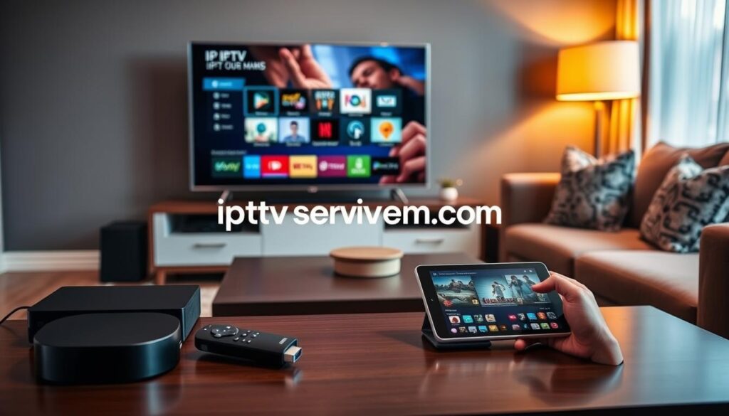 A modern living room setup showcasing various devices for IPTV streaming. In the foreground, a sleek smart TV displaying an IPTV interface, surrounded by a contemporary gaming console and a streaming device like a Roku or Amazon Fire Stick. The middle ground features a stylish coffee table with a tablet and smartphone, both open to streaming apps, emphasizing user-friendly interfaces. The background includes a cozy couch adorned with decorative pillows, warm lighting from a nearby lamp creating an inviting atmosphere. The scene should reflect a tech-savvy yet comfortable environment, evoking the ease of seamless streaming. The logo "iptvservicemax.com" appears subtly integrated into the design of one of the devices.