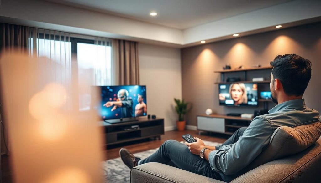 A modern living room showcasing a cozy and inviting IPTV user experience. In the foreground, a person in casual, professional attire is comfortably seated on a stylish sofa, using a remote control while looking at a large flat-screen TV displaying vibrant streaming content. The middle ground features a sleek entertainment center filled with tech gadgets and smart devices. The background is adorned with subtle lighting, creating a warm ambiance enhanced by soft shadows. A window reveals an evening scene with city lights twinkling outside, suggesting relaxation after a long day. The overall mood is informative yet relaxed, capturing the essence of reliability and ease offered by iptvservicemax.com.