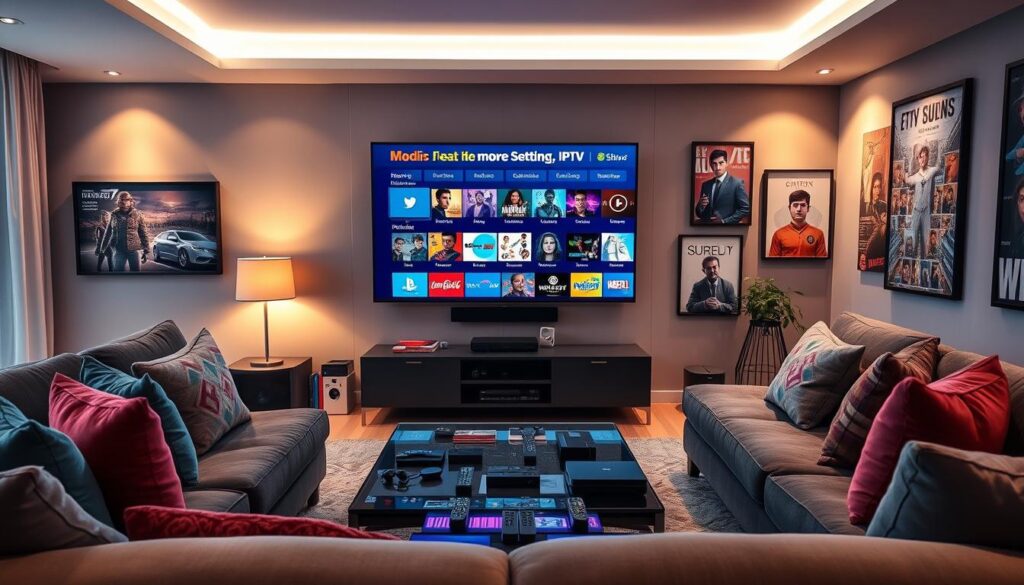 A modern living room showcasing a sleek IPTV setup, with a large flat-screen TV displaying a vibrant array of channel icons and content libraries. In the foreground, a cozy sofa is adorned with colorful cushions, inviting viewers to relax. The middle ground features a stylish coffee table scattered with remote controls and a few streaming devices. In the background, the walls are decorated with art related to movies and shows, creating an engaging atmosphere. Soft, warm lighting fills the room, enhancing a comfortable and inviting mood. The scene reflects the variety and richness of IPTV services, highlighting brands like iptvservicemax.com, with an emphasis on enjoyment and accessibility in streaming content. A modern living room showcasing a sleek IPTV setup, with a large flat-screen TV displaying a vibrant array of channel icons and content libraries. In the foreground, a cozy sofa is adorned with colorful cushions, inviting viewers to relax. The middle ground features a stylish coffee table scattered with remote controls and a few streaming devices. In the background, the walls are decorated with art related to movies and shows, creating an engaging atmosphere. Soft, warm lighting fills the room, enhancing a comfortable and inviting mood. The scene reflects the variety and richness of IPTV services, highlighting brands like iptvservicemax.com, with an emphasis on enjoyment and accessibility in streaming content.