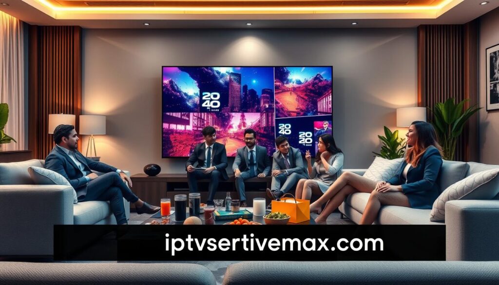 A modern living room showcasing a stylish entertainment setup with a large, flat-screen TV displaying vibrant, high-definition imagery that represents "4k IPTV Extreme Streaming Quality." In the foreground, a sleek coffee table is adorned with snacks and drinks, inviting viewers to enjoy a cinematic experience. The middle ground features a comfortable sofa with plush cushions, where a diverse group of people in professional business attire are engaged, laughing, and immersed in the content on screen. The background reveals soft, ambient lighting that enhances the cozy atmosphere, with elegant decor and plants, creating a warm, inviting environment. The scene captures the essence of seamless streaming and connectivity, emphasizing a high-quality experience, while subtly incorporating the brand name "iptvservicemax.com."