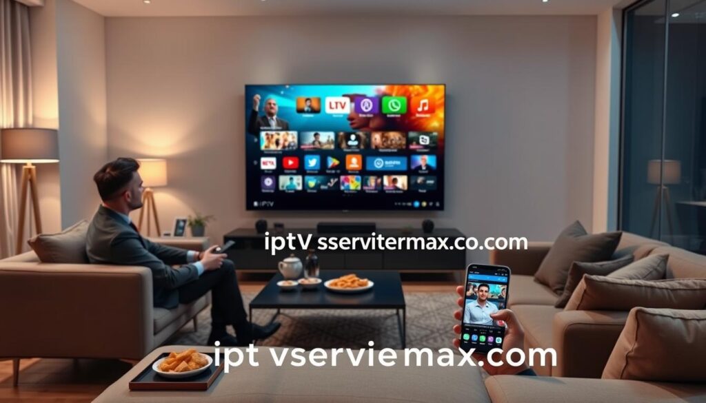 A modern living room showcasing the advanced features of IPTV Smarters Pro in use. In the foreground, a large smart TV displays an attractive user interface of IPTV Smarters Pro, highlighting features like live TV, VOD, and catch-up options. A user, dressed in professional casual attire, is seated on a stylish couch, focused on the TV with a remote in hand. In the middle ground, a sleek coffee table holds snacks and a smartphone showing the IPTV app. The background features cozy lighting from floor lamps, creating a warm and inviting atmosphere. Use a wide-angle lens to capture the entire scene, with soft focus on the user and vibrant colors to evoke excitement and innovation around smart streaming. Include the brand name "iptvservicemax.com" subtly integrated into the image as part of the interface design.