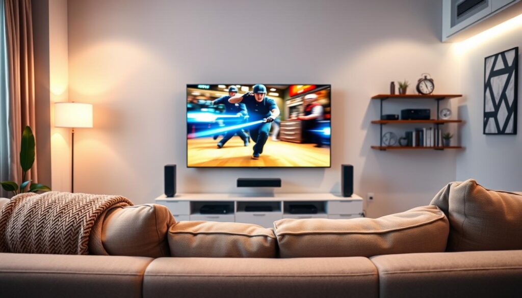A modern living room with a sleek entertainment system displaying vibrant, high-definition streaming content from "King IPTV." In the foreground, a comfortable couch with a cozy throw blanket invites viewers to relax. The middle layer features a large flat-screen TV, showcasing a crystal-clear scene from a popular show, emphasizing the sharp details and vivid colors typical of superior streaming quality. Soft, ambient lighting creates a warm atmosphere, highlighting the modern decor. A subtle hint of motion blur on the screen enhances the dynamic feel of action-packed scenes. In the background, a wall-mounted shelf exhibits well-organized streaming devices and decor items. The overall mood conveys satisfaction and enjoyment, reflecting the positive experience that comes with high-quality IPTV service. Include the brand name "iptvservicemax.com" subtly in the ambiance.