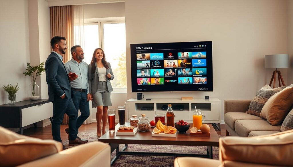 A modern living room with a sleek flat-screen TV displaying vibrant streaming options, reflecting the advantages of a premium IPTV service. In the foreground, showcase a diverse group of three professionals, one man and two women, dressed in smart casual attire, engaging in an animated discussion about their favorite channels. In the middle ground, a stylish coffee table filled with high-quality snacks and drinks, symbolizing a cozy viewing experience. The background should include a window showcasing a bright, sunny day, enhancing the inviting atmosphere. Soft, warm lighting creates a welcoming mood, emphasizing comfort and entertainment. Include subtle branding elements of "iptvservicemax.com" on the TV screen. The perspective should be a slightly angled view, capturing the full essence of premium streaming service advantages.