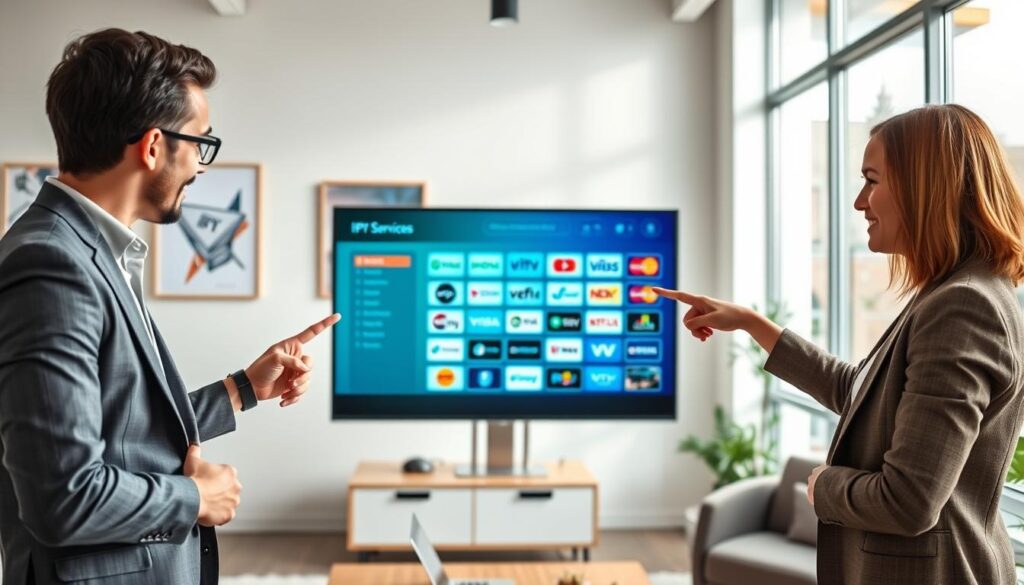 A modern office setting featuring a diverse group of three professionals, two men and one woman, engaged in a discussion around a large digital screen displaying an interactive IPTV services interface. The foreground captures the individuals, dressed in professional business attire, pointing at the screen with expressions of curiosity and excitement. In the middle ground, the screen stands out with vibrant visuals of various IPTV service logos and user interfaces. The background shows a contemporary office decorated with subtle technology-themed artwork. Soft, natural lighting filters through large windows, creating a productive and energetic atmosphere. The image embodies the concept of understanding user intent when searching for the best IPTV providers, with a focus on collaboration and technology. Brand name: iptvservicemax.com.