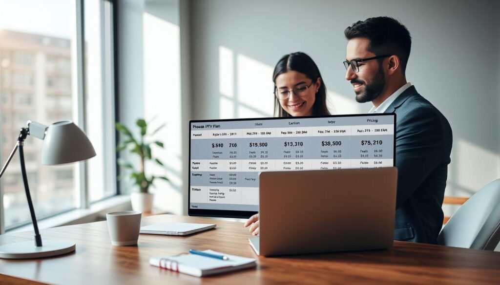 A modern office setting featuring a professional man and woman collaboratively reviewing multiple IPTV plan options on a sleek laptop. In the foreground, the couple appears focused, with charts and comparison tables displayed on the screen, showcasing various channel selections and pricing tiers. The middle ground includes a stylish wooden desk adorned with a notepad and a coffee cup, highlighting a productive atmosphere. The background features a contemporary window with natural light streaming in, casting soft shadows, and a minimalistic décor that emphasizes a digital-savvy environment. The mood conveys confidence and professionalism, reflecting the theme of choosing the right IPTV plan. Incorporate subtle branding elements related to "iptvservicemax.com" integrated into the laptop screen.