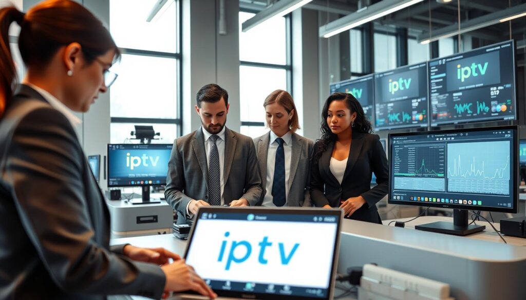A modern office space with a sleek, high-tech feel, showcasing an array of IPTV testing devices and computers analyzing data streams. In the foreground, a diverse group of three professionals in business attire (a woman of Asian descent, a Caucasian man, and a Black woman) are engaged in a deep discussion, while one inspects the latest IPTV technology on a laptop screen. The middle ground features monitors displaying IPTV provider logos and connection graphs, creating a sense of active testing and evaluation. In the background, large windows let in natural light, illuminating the space and creating a bright, focused atmosphere. The overall mood is professional and innovative. The brand name "iptvservicemax.com" subtly integrated into the tech displays.