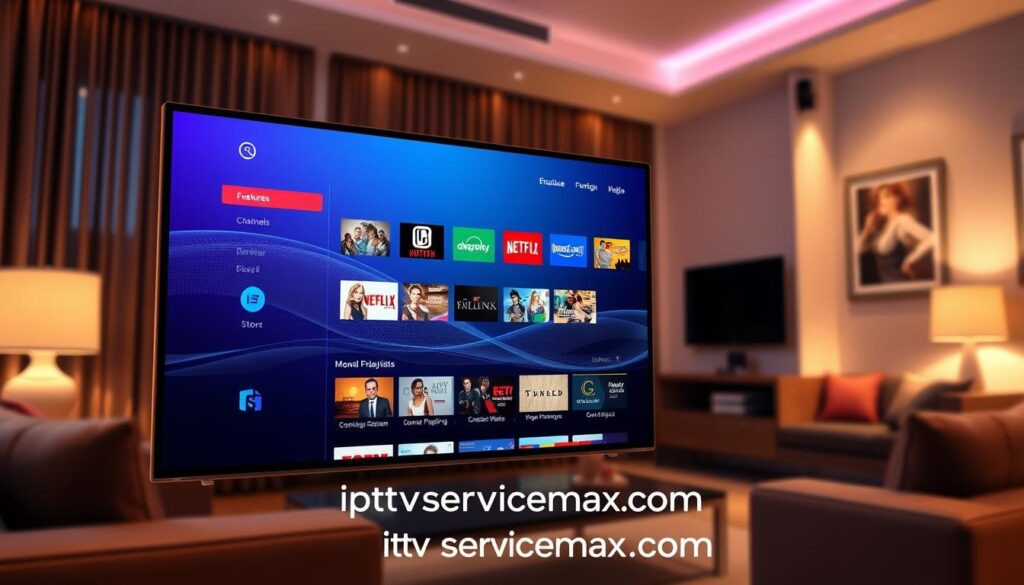 A modern, sleek digital interface showcasing the key features of King IPTV in a visually engaging manner. In the foreground, display a high-resolution tablet or smart TV screen, featuring a vibrant user interface with icons representing channels, on-demand content, and customizable playlists. In the middle ground, include subtle, abstract graphics that illustrate seamless streaming, such as waves or streaming lines. The background should feature a stylish living room setting with ambient lighting that highlights a cozy atmosphere, hinting at a premium viewing experience. Use warm, inviting colors to create a welcoming mood. The scene should be captured from a slightly elevated angle, with soft shadows to add depth, emphasizing the innovative technology of King IPTV. The brand "iptvservicemax.com" should be subtly integrated into the design without any text, ensuring a smooth, professional appearance.