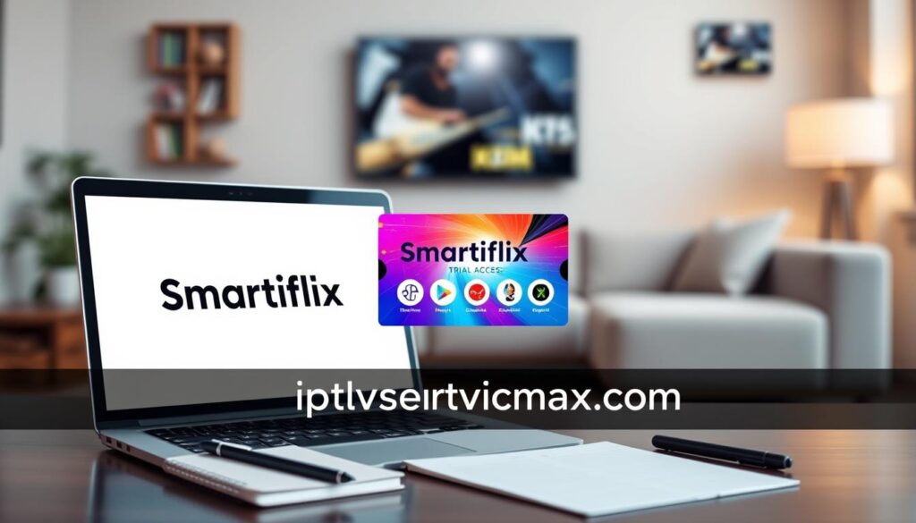 A modern, sleek digital workspace showcasing "Smartiflix IPTV Trial Access and Subscription Value." In the foreground, a laptop displays the Smartiflix logo on the screen, surrounded by a notepad and a pen, emphasizing the trial access features. In the middle, a vibrant and stylish subscription card highlights its value, with icons symbolizing entertainment options like movies and sports. The background features a blurred home environment with a comfortable couch and a television, conveying a cozy viewing experience. Soft, warm lighting creates an inviting atmosphere, while a slight depth of field draws attention to the foreground. The overall mood is professional yet relaxed, suitable for a tech-savvy audience. Include the brand name "iptvservicemax.com" subtly within the image.
