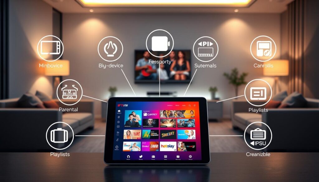 A modern, sleek digital workspace showcasing key features of IPTV apps. In the foreground, a tablet displaying a vibrant IPTV app interface, featuring high-resolution thumbnails of various channels, a user-friendly navigation bar, and live streaming options. The middle ground includes symbols representing features like multiple device support, parental controls, and customizable playlists, arranged artistically around the tablet. The background features an elegant home entertainment setup with a large flat-screen TV and stylish furniture. Soft, warm lighting creates an inviting atmosphere, emphasizing a sense of comfort and modern technology. The overall mood is professional and innovative, capturing the essence of streaming technology for "iptvservicemax.com". A modern, sleek digital workspace showcasing key features of IPTV apps. In the foreground, a tablet displaying a vibrant IPTV app interface, featuring high-resolution thumbnails of various channels, a user-friendly navigation bar, and live streaming options. The middle ground includes symbols representing features like multiple device support, parental controls, and customizable playlists, arranged artistically around the tablet. The background features an elegant home entertainment setup with a large flat-screen TV and stylish furniture. Soft, warm lighting creates an inviting atmosphere, emphasizing a sense of comfort and modern technology. The overall mood is professional and innovative, capturing the essence of streaming technology for "iptvservicemax.com".