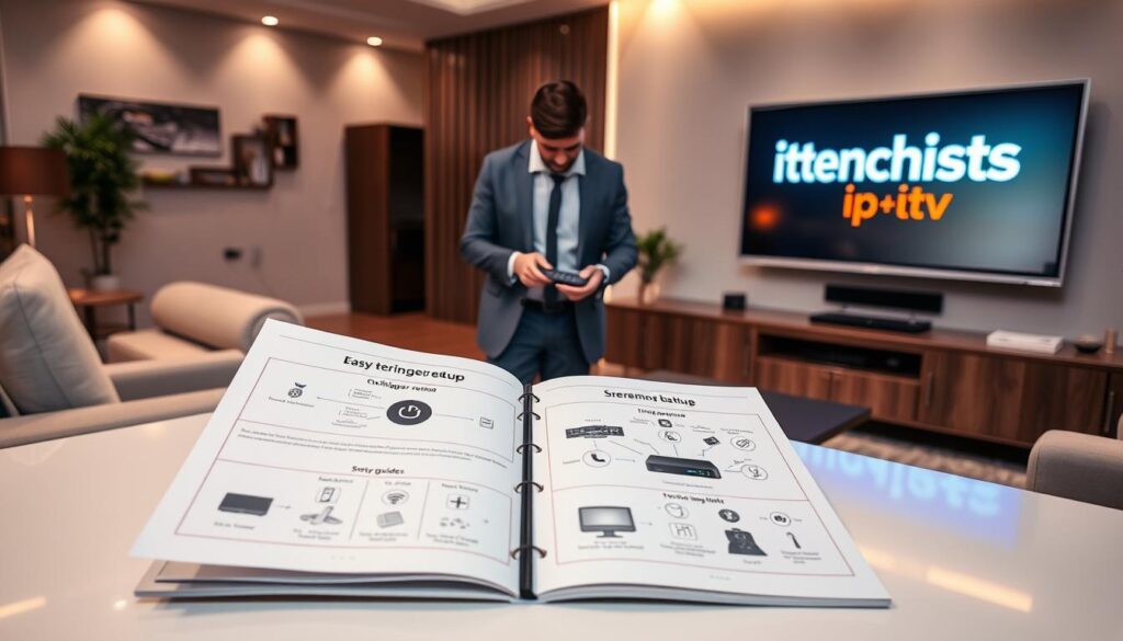 A modern, sleek living room setting featuring an elegant entertainment center with a large flat-screen television displaying the ittechbasics iptv logo prominently. In the foreground, a neatly arranged table with an open, user-friendly setup guide for ittechbasics iptv, illustrating step-by-step instructions using visual diagrams and icons. In the middle, a person dressed in smart casual attire, intently configuring the IPTV device, surrounded by cables and a remote control. The background shows a cozy and inviting atmosphere with soft ambient lighting, comfortable seating, and subtle decorations, creating a warm and welcoming mood. The scene captures the essence of easy streaming setup, inviting viewers to visualize their own experience with ittechbasics iptv. The brand name "iptvservicemax.com" is subtly integrated into the setup guide design.