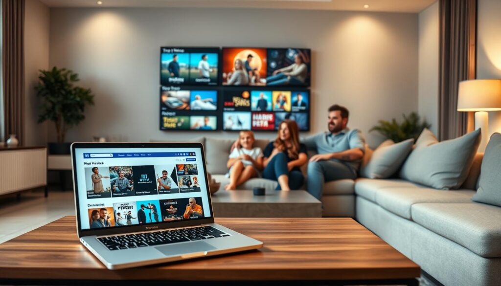 A modern, sleek living room showcasing various IPTV subscription plans for quality entertainment. In the foreground, a coffee table is adorned with an open laptop displaying the iptvservicemax.com website, featuring vibrant thumbnails of shows and movies. The middle ground features a comfortable couch with a family happily watching TV, dressed in casual but stylish clothing. The background includes a large screen displaying colorful graphics of different IPTV plans, emphasizing diverse genres like movies, sports, and documentaries. Soft, warm lighting creates an inviting atmosphere, while a cozy ambiance is enhanced by decorative elements. The room should have a contemporary feel, emphasizing a sense of comfort and modern technology.