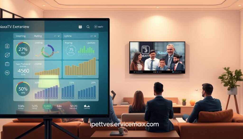 A modern, stylish illustration of an IPTV streaming performance overview for "NaxaTV". In the foreground, a sleek digital interface displays real-time streaming metrics, such as buffering rates and uptime percentages, with vibrant graphs and user-friendly icons. The middle layer features a casual yet professional setting, showcasing a diverse group of individuals in business attire engaged in a video call, discussing their streaming experiences. The background is a cozy, tech-savvy living room with a high-definition TV displaying the NaxaTV logo. Soft, warm lighting casts a professional atmosphere, and the scene captures a sense of reliability and seamless viewing enjoyment. Ensure the composition is dynamic and visually appealing, without any text or logos aside from “iptvservicemax.com” subtly integrated into the interface. A modern, stylish illustration of an IPTV streaming performance overview for "NaxaTV". In the foreground, a sleek digital interface displays real-time streaming metrics, such as buffering rates and uptime percentages, with vibrant graphs and user-friendly icons. The middle layer features a casual yet professional setting, showcasing a diverse group of individuals in business attire engaged in a video call, discussing their streaming experiences. The background is a cozy, tech-savvy living room with a high-definition TV displaying the NaxaTV logo. Soft, warm lighting casts a professional atmosphere, and the scene captures a sense of reliability and seamless viewing enjoyment. Ensure the composition is dynamic and visually appealing, without any text or logos aside from “iptvservicemax.com” subtly integrated into the interface.