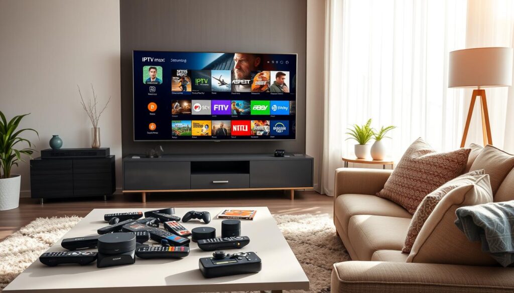 A modern, stylish living room setting, showcasing an elegant television displaying a vibrant IPTV streaming interface. In the foreground, a sleek coffee table cluttered with remote controls and streaming device options, while a cozy sofa is artistically arranged, inviting viewers to sit and enjoy. In the middle, a large window allows soft, natural light to flood the room, enhancing the welcoming atmosphere. Multiple streaming options are visually represented on the TV screen, showcasing diverse genres such as movies, sports, and documentaries. In the background, minimalistic decor with a hint of tech elements reflects innovation, emphasizing the future of entertainment. Throughout, the ambiance feels relaxed and inviting, beckoning viewers to explore the richness of IPTV services. Include subtle branding elements of "iptvservicemax.com" integrated into the streaming interface.