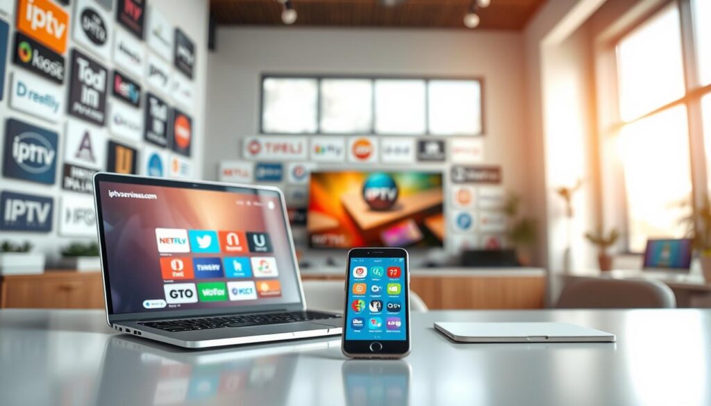 A modern, stylish workspace filled with various IPTV provider logos, focusing on "iptvservicemax.com" as a central element. In the foreground, display a sleek laptop showing a vibrant IPTV interface with various channels on the screen. The middle ground reveals a well-organized desk with a smartphone displaying additional notable IPTV provider apps, such as colorful icons and logos. The background features a large window with soft, natural lighting flooding the room, creating an inviting atmosphere. Use a shallow depth of field to softly blur the surroundings, ensuring the focus remains on the technology and the IPTV providers. The mood is professional yet relaxed, perfect for an article exploring IPTV offerings.