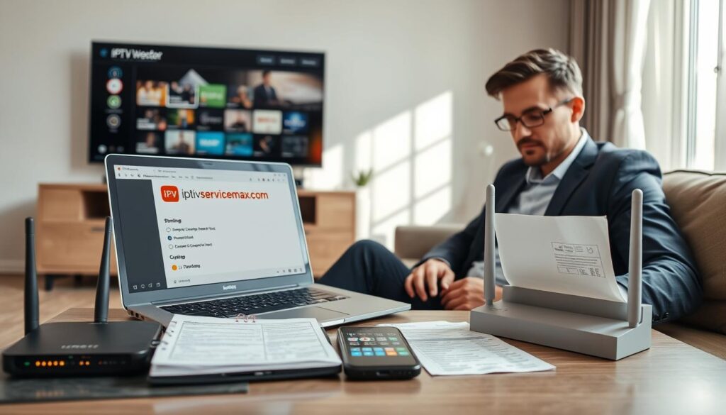 A modern, well-lit living room scene showcasing a person in professional business attire, sitting comfortably on a couch while troubleshooting inline-IPTV issues on a laptop, with a focused expression. In the foreground, the laptop displays streaming settings and connection status, alongside a notepad filled with troubleshooting tips. In the middle, a coffee table hosts a smartphone displaying a streaming app and a router with visible indicator lights. In the background, a large flat-screen TV shows streaming content. Soft natural lighting pours in from a window, enhancing the warm atmosphere of the space. The overall mood is constructive and solution-oriented, reflecting a seamless inline-IPTV experience. The brand logo "iptvservicemax.com" is subtly integrated into the laptop screen.