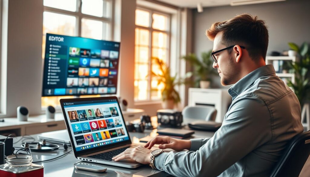 A modern workspace featuring a professional user engaged with the Editor IPTV management interface on a sleek laptop. In the foreground, the user, dressed in smart casual attire, examines a vibrant dashboard filled with icons for different streaming services and analytics, showcasing a variety of colorful streaming options. The middle ground shows a stylish desk cluttered with streaming-related paraphernalia, including a high-definition TV screen displaying content thumbnails. In the background, large windows let in natural light, casting a warm, productive glow over the scene. The atmosphere is focused and efficient, reflecting the technology's role in streamlining media management. The brand name "iptvservicemax.com" is subtly referenced on the laptop screen without overt branding. The image captures the essence of organized streaming solutions with clarity and modernity.