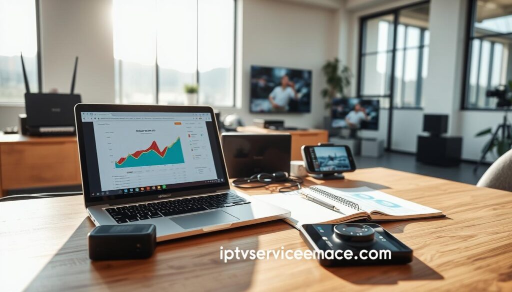 A modern workspace showcasing IPTV service testing methodology. In the foreground, a sleek laptop displaying IPTV analytics, surrounded by tech gadgets like routers and HD screens. In the middle, an organized testing station with a notepad filled with graphs, and a smartphone running a streaming app, all on a wooden desk. The background features a well-lit office with a large window, allowing natural sunlight to stream in, casting soft shadows. The atmosphere feels professional and focused, conveying a sense of meticulous evaluation. Include the branding "iptvservicemax.com" subtly integrated into the scene. Use bright, inviting lighting to enhance clarity and detail, focusing on a slightly elevated angle for a comprehensive view.