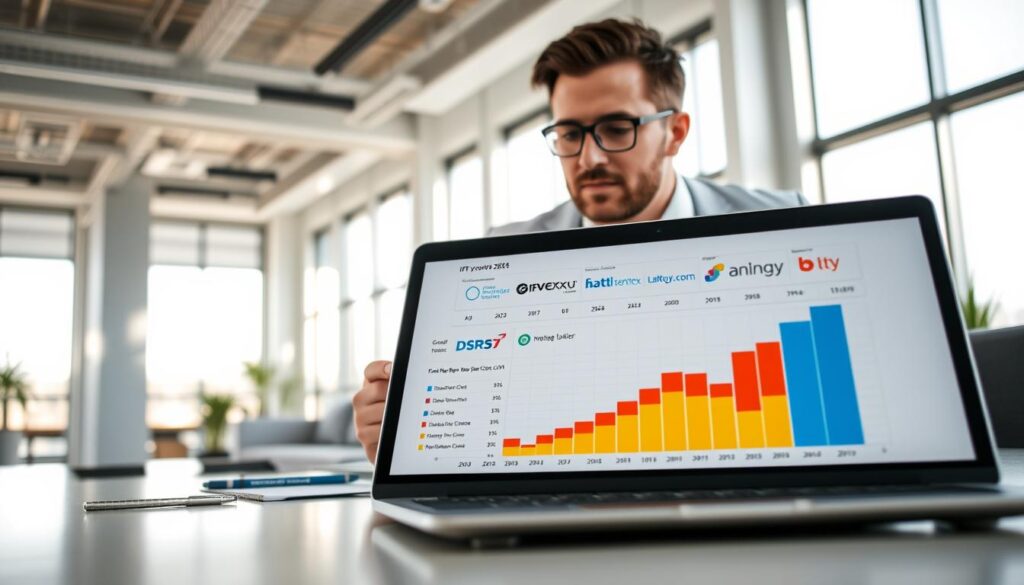 A modern workspace showcasing a digital comparison of IPTV providers for 2024. In the foreground, a sleek laptop displays colorful graphs and logos of various IPTV services, including "iptvservicemax.com". The middle ground features a focused professional in business attire, analyzing the data with a thoughtful expression, surrounded by a few notepads and a smartphone. In the background, a bright, airy office with large windows allows natural light to flood in, casting soft shadows. The atmosphere is one of efficiency and informed decision-making, with a clean and organized aesthetic, focusing on technology and modern solutions. The camera angle is slightly overhead to capture both the laptop screen and the individual.