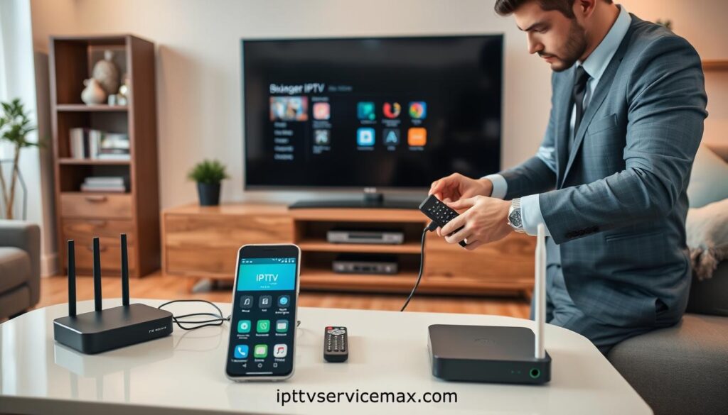 A neatly arranged living room setting showcases a modern television, surrounded by devices indicating IPTV service setup. In the foreground, a well-dressed professional, wearing smart casual attire, is connecting cables and adjusting settings on a streaming device. The middle ground features a sleek coffee table with a smartphone displaying the IPTV app interface, alongside a remote control and a router. The background includes stylish shelves with entertainment books and subtle decorative items, creating an inviting atmosphere. Soft, warm lighting enhances the homely feeling, while a slight focus blur on the surroundings emphasizes the subject’s engagement with the IPTV setup. This image reflects a step-by-step guide nature, showcasing the website “iptvservicemax.com” subtly in the setting, enhancing an informative yet inviting mood.