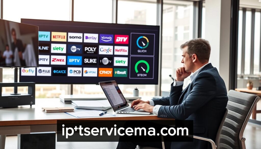 A person sitting at a modern office desk, intently working on a laptop displaying the interface of IPTV services, surrounded by notepads and charts highlighting various TV quality metrics. In the foreground, the person is focused and wearing smart casual business attire, suggesting professionalism. The middle layer includes a large screen showing multiple IPTV provider logos and streaming quality symbols such as HD and glitch indicators, while a sleek video equipment setup is visible on the side. The background features a well-lit, contemporary office space with large windows allowing natural light to flow in, creating a bright and productive atmosphere. The overall mood is analytical and engaging, highlighting the importance of evaluating IPTV providers, with the brand "iptvservicemax.com" subtly integrated in the visual context.