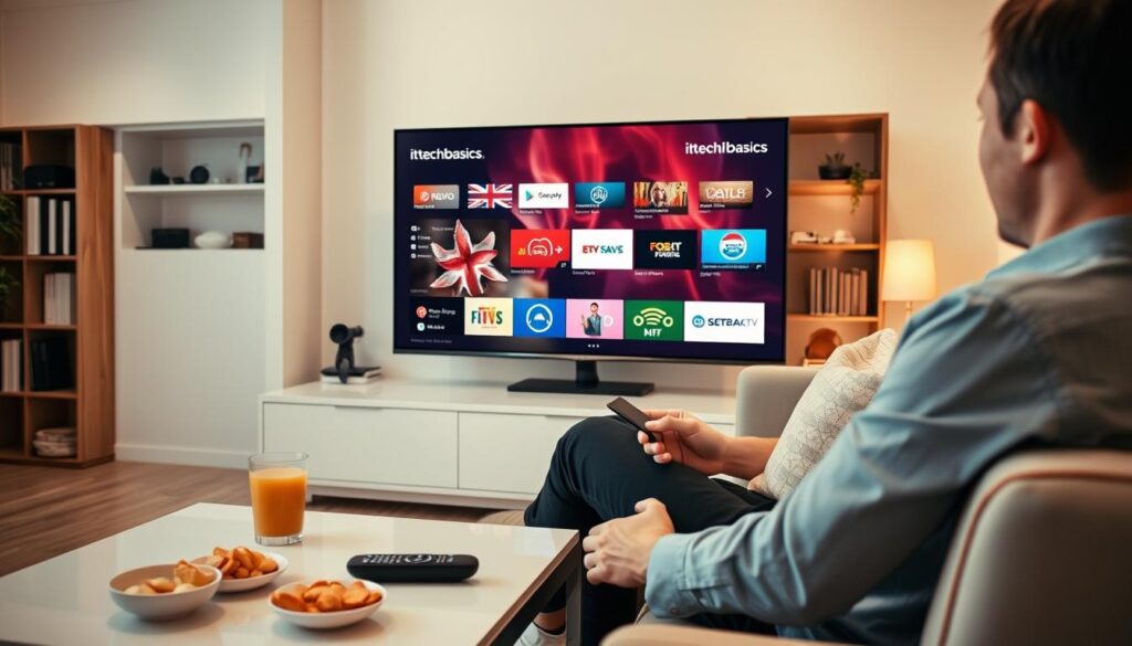 A person sitting comfortably in a cozy, well-lit living room, engaging with a sleek smart TV displaying a vibrant interface of ittechbasics iptv. The foreground features a modern coffee table with a remote control, snacks, and a warm drink. In the middle, the person, dressed in professional business casual attire, appears absorbed, with a slight smile of satisfaction. The background has a bookshelf with technology books and subtle ambient lighting. The overall mood is one of relaxation and enjoyment, capturing a perfect streaming experience at home. The scene conveys the feeling of convenience and quality entertainment provided by iptvservicemax.com, ideal for any streaming needs.